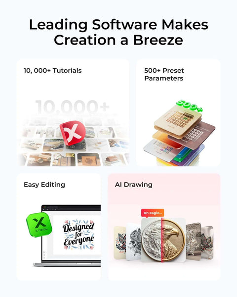 Infographic collage for xTool M1 features: 10,000+ tutorials, 500+ preset parameters, easy editing, AI drawing