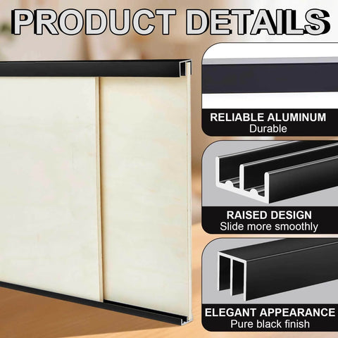 Black Aluminum Sliding Door Track Set For Four Foot Installations No Fuss DIY Friendly For One Quarter Inch Panels Closet Glass Doors