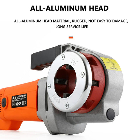 Electric Pipe Threader Machine With 2300 Watt Motor And Four Carbon Steel Dies For Threading One Half To Two Inch Pipes close-up of all-aluminum head, showcasing rugged durability.