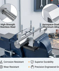 Top Shelf 6 Inch Aluminum Soft Vise Jaws Set Hard Hat Certified Heavy Duty 6061 T6 mounted on a bench vice with stainless steel detail.
