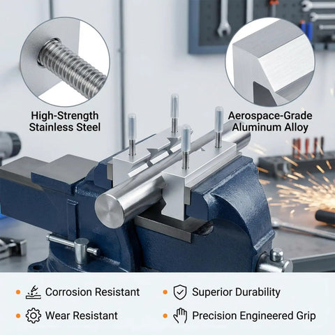 Top Shelf 6 Inch Aluminum Soft Vise Jaws Set Hard Hat Certified Heavy Duty 6061 T6 mounted on a bench vice with stainless steel detail.
