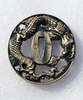 Dragon Pattern Alloy Tsuba Hand Guard For Katana Wakizashi And Tanto Dope Yellow Finish Fits Traditional Koshirae Swords External 85x78 Mm Internal 27x8 Mm About 226 G Lightweight And Ready To Rock, showing intricate dragon carving.