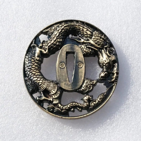 Dragon Pattern Alloy Tsuba Hand Guard For Katana Wakizashi And Tanto Dope Yellow Finish Fits Traditional Koshirae Swords External 85x78 Mm Internal 27x8 Mm About 226 G Lightweight And Ready To Rock, showing intricate dragon carving.