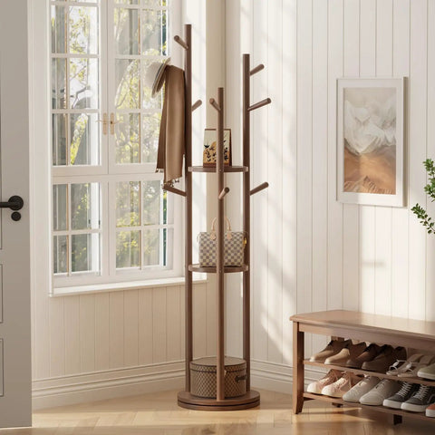 Solid Wood Rotary Coat Rack With 3 Shelves And 9 Hooks Freestanding Coat Tree For Bedroom Entryway And Living Room Space Saving Rotating Stand For Coats Scarves And Handbags Walnut Finish in corner of room