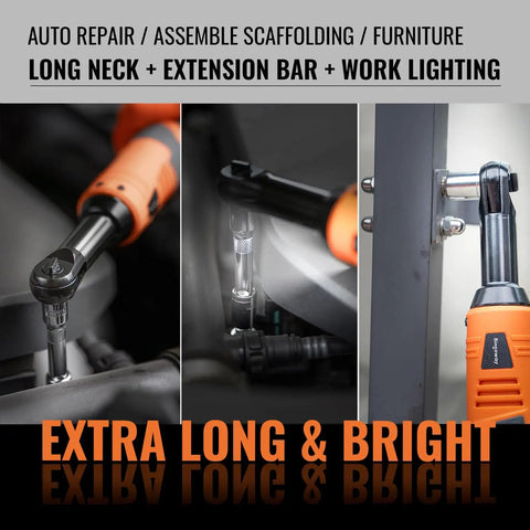 Three-Eighths Inch Cordless Electric Ratchet Wrench Set With Extended Long Neck For Deep Auto Work, A Slick 16V Power Tool Kit That Delivers Up To 45 Ft-Lbs Torque, 600 RPM, Two Batteries, LED Light, 9-Piece Accessories And Tool Box used in tight engine bays