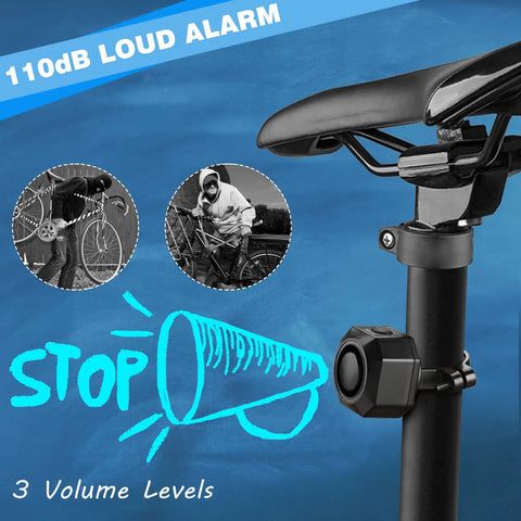 Rechargeable Bike Alarm With Remote, 110dB Wireless Anti Theft System mounted on bicycle seat post, graphic noise visual