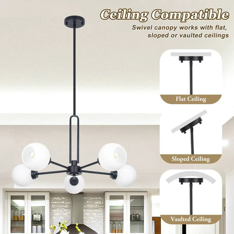 Matte Black 5 Light Globe Sputnik Chandelier For Dining Room Kitchen Living Room And Bedroom Semi Flush Mount With Frosted Glass Shades