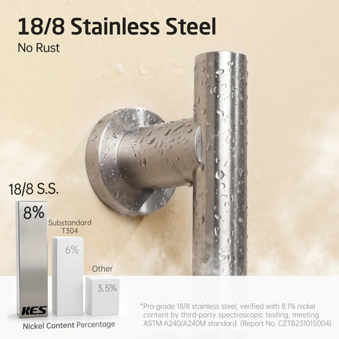 18/8 stainless steel wall mount for adjustable shower head with slide bar and extra long hose, water droplets visible on brushed finish.