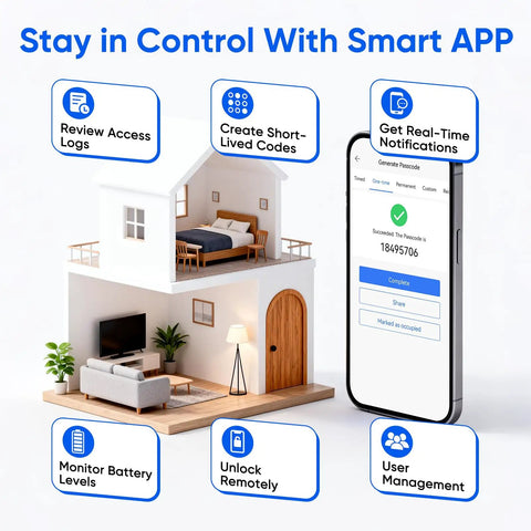 Smart app interface showing features for Super Slick Smart Door Lock Handle Set Delivering Breezy No Fuss Keyless Entry.