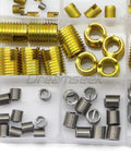 116 Piece Helicoil Thread Inserts And Self Tapping Assortment Kit covering M3 to M12 sizes in gold and silver finishes.