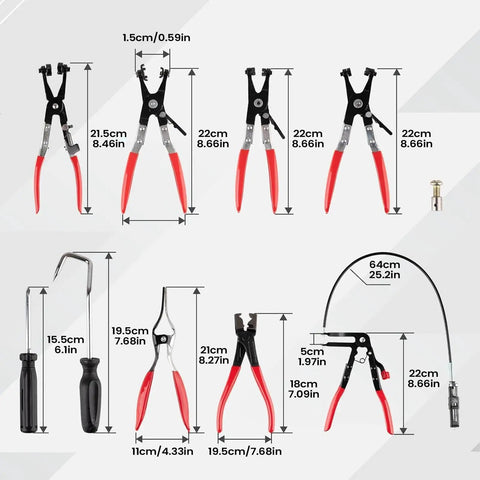 Coolant Hose Clamp Pliers 9-Piece Set, Radiator Heater Tool Kit W/ Multi-Angle Locking Shaft For Spring And Worm Gear Removal, Super Grippy Disconnect Kit For Car Repair And Maintenance Jobs. 9 tools shown with size markings