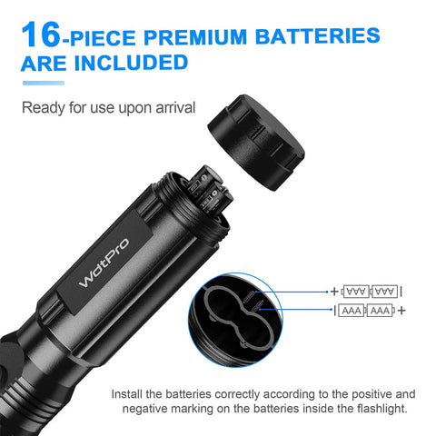 Close-up of battery compartment for Four Pack LED Flashlights With Included Batteries For Emergency Prep And Camping, with battery info.