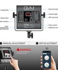 Two Pack Bi-Color LED Video Lights With App Control showing digital display, controls, and mobile phone app interface for adjustments.