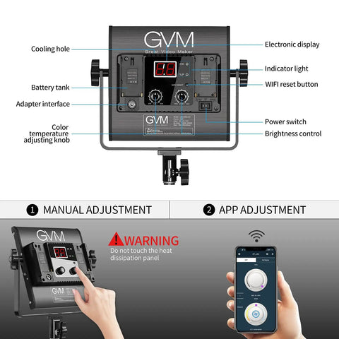 Two Pack Bi-Color LED Video Lights With App Control showing digital display, controls, and mobile phone app interface for adjustments.