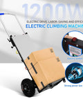 Super Heavy Duty Electric Stair Climber Hand Truck With 1200W Motor And 900 LB Load Capacity For Hauling Fridges Safes And Commercial Gear In Three Speed Modes To Save Your Back, showcasing electric climbing machine with boxes.