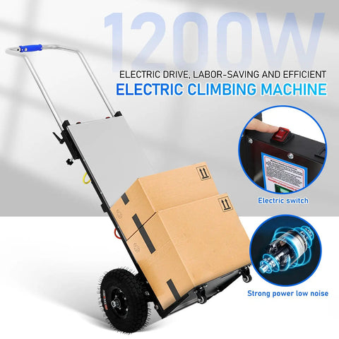Super Heavy Duty Electric Stair Climber Hand Truck With 1200W Motor And 900 LB Load Capacity For Hauling Fridges Safes And Commercial Gear In Three Speed Modes To Save Your Back, showcasing electric climbing machine with boxes.
