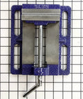 Rock Solid Drill Press Vise With Four Inch Jaw Width and Heavy Duty Clamping Force, top view showing grooved jaws and handle.