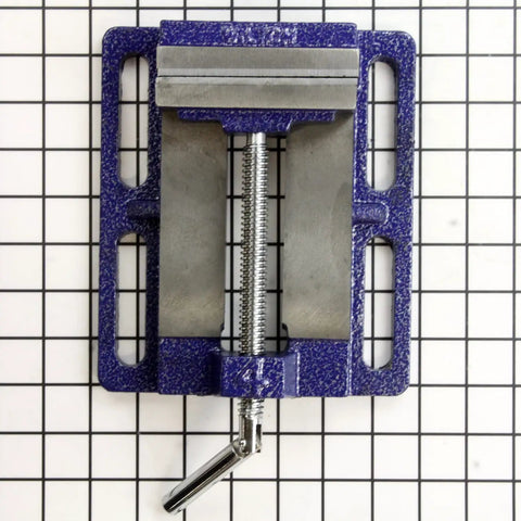 Rock Solid Drill Press Vise With Four Inch Jaw Width and Heavy Duty Clamping Force, top view showing grooved jaws and handle.