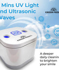 All In One Ultrasonic Retainer Cleaner 2026 Edition With 200ML Pod, 45kHz Cleaning Machine For Dentures Night Guards Mouth Guards Aligners, Easy One Click Sonic Sanitizer For Cleaner Smiles. white countertop unit with UV light