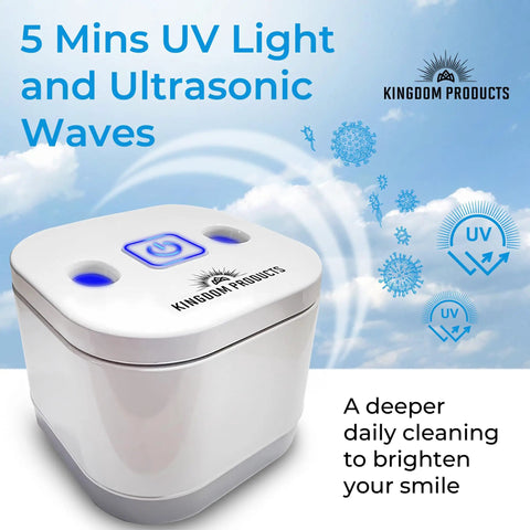 All In One Ultrasonic Retainer Cleaner 2026 Edition With 200ML Pod, 45kHz Cleaning Machine For Dentures Night Guards Mouth Guards Aligners, Easy One Click Sonic Sanitizer For Cleaner Smiles. white countertop unit with UV light