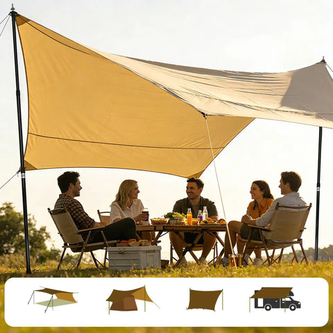 Group camping with shelter supported by Adjustable Tarp Poles For Camping Set Of 2 Telescoping Tent Poles Extend From 3 Ft 1 In