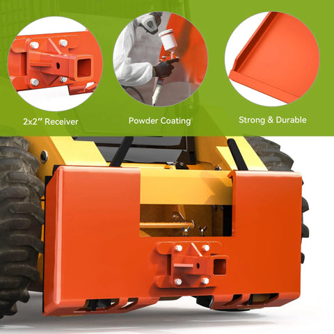 Beefy Point Four Inch Thick Heavy Duty Skid Steer Attachment Plate With 2 Inch Trailer Hitch Receiver, shown mounted, 3000 lbs capacity