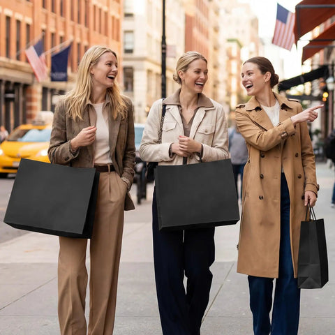 Three women carrying 400 Pack Black Paper Gift Bags 16x6x12 Inches With Handles Made From Recycled Kraft Paper in city street.