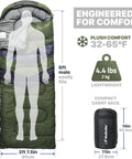 Cozy Plush Comfort Camping Sleeping Bag For Adults And Kids 32F To 65F Lightweight Compact Backpacking Gear with carry sack