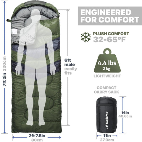 Cozy Plush Comfort Camping Sleeping Bag For Adults And Kids 32F To 65F Lightweight Compact Backpacking Gear with carry sack