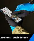 Three Pairs 100 Percent Waterproof Winter Work Gloves For Men With Touchscreen Compatible Fingertips in use with a phone.