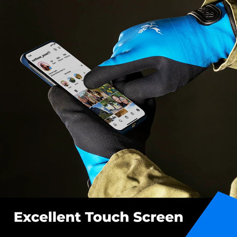 Three Pairs 100 Percent Waterproof Winter Work Gloves For Men With Touchscreen Compatible Fingertips in use with a phone.
