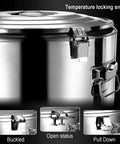 Temperature locking snaps on Heavy Duty 100 Liter Insulated Beverage Dispenser Barrel Built Like A Tank With 304 Stainless Steel Body.