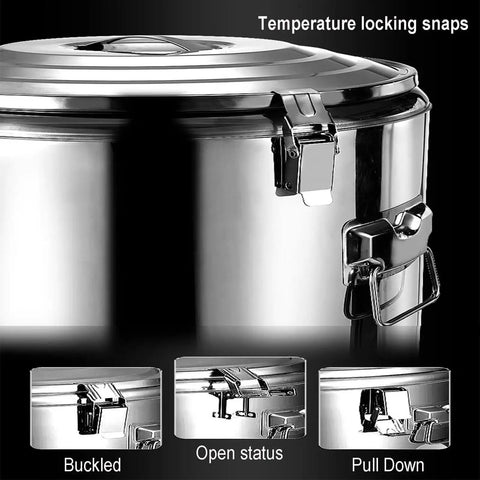 Temperature locking snaps on Heavy Duty 304 Stainless Steel Insulated Dispenser Barrel With Slick Leakproof Silicone Lid Locks Temps Hella Long 100 Liter Capacity.