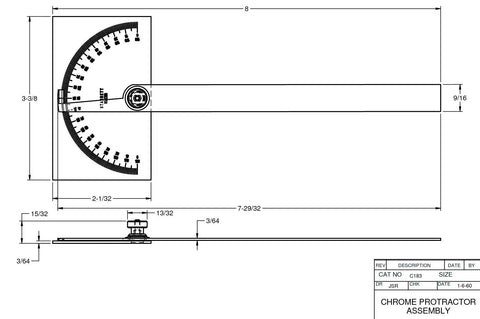 Technical drawing of Double Graduation Steel Protractor, 6 Inch Bevel Transfer Tool And Angle Finder for 0 to 180 degree range.