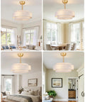 XINGSIYUELYX Ceiling Fan with Light in gold finish, showcasing different room settings and lighting styles.