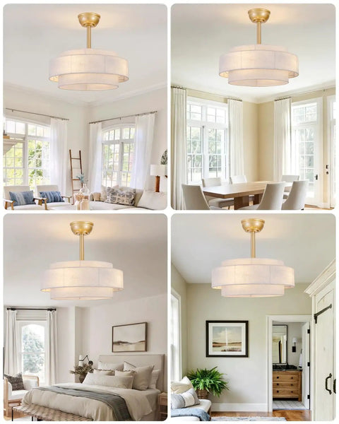XINGSIYUELYX Ceiling Fan with Light in gold finish, showcasing different room settings and lighting styles.