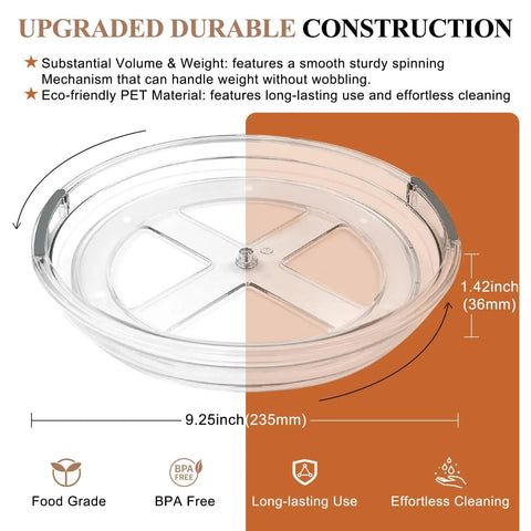 Four Pack Clear Acrylic Lazy Susan Turntable Slick Spin Pantry Organizer For Kitchen Cabinet Spice Rack Vanity Makeup Storage Handles Everyday Clutter Without Any Sweat Or Fuss, 9.25 inch tray with durable construction.
