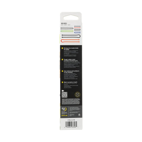 Back of packaging for Gear Tie Reusable Rubber Twist Ties 8 Pack Assorted Colors For Wires And Cables DIY Projects And Home Organization