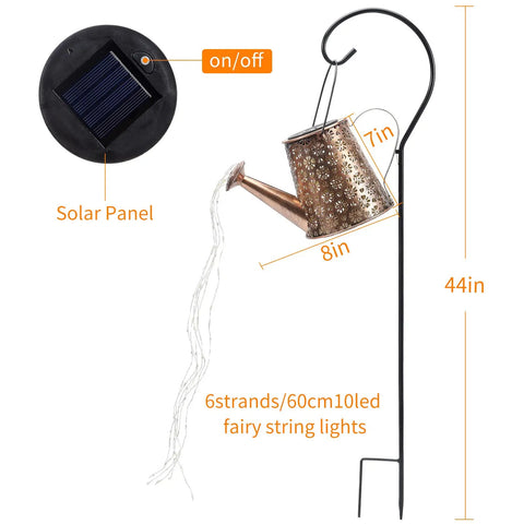 Solar Outdoor Garden Lantern Lights With 80 Color LED, bronze watering-can design on stand with solar panel and string lights