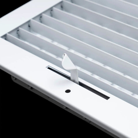 Close-up of Beefy Steel Adjustable Air Register Grille For 14x8 Duct Opening White Sidewall And Ceiling Vent Cover with control lever.
