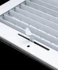 Close-up of adjustable steel air supply grille for 18x6 duct openings, white register vent cover for sidewall and ceiling.