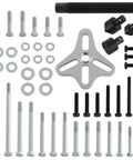 46 Piece Steering Wheel Puller Kit for Harmonic Balancers, Crank Pulleys, Gears and 4 Way Slotted Puller components displayed
