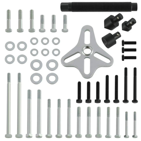 46 Piece Steering Wheel Puller Kit for Harmonic Balancers, Crank Pulleys, Gears and 4 Way Slotted Puller components displayed