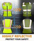Kickass Hi Vis Safety Vest For Women Snag Free Mesh With Loud Reflective Tape Zip Closure Features Heavy Duty Pockets For Gear And Gadgets Ansi Approved Hi Vis Work Gilet Built Tough For Night Biking And Street Grind showcasing reflective front and back design.