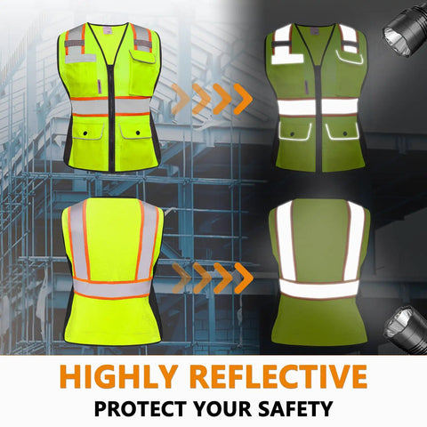 Kickass Hi Vis Safety Vest For Women Snag Free Mesh With Loud Reflective Tape Zip Closure Features Heavy Duty Pockets For Gear And Gadgets Ansi Approved Hi Vis Work Gilet Built Tough For Night Biking And Street Grind showcasing reflective front and back design.