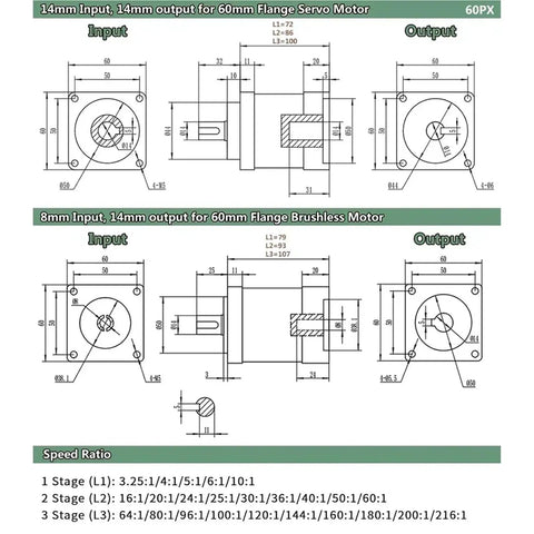 Detailed diagram of Built Tough 60 Mm Flange Planetary Gearbox with dimensions for Nema 24 brushless motors.