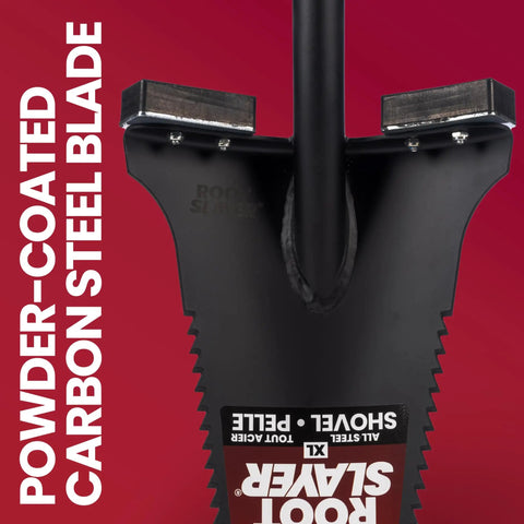 Close-up of Heavy Duty All Steel Long Handle Garden Shovel For Digging And Landscaping with rugged blade and red background