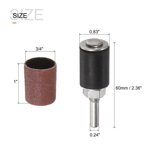 12 Pack Three Quarter Inch Sanding Sleeves 120 Grit With 6mm Drum Mandrels For Rotary Tools, showing sleeve and mandrel dimensions