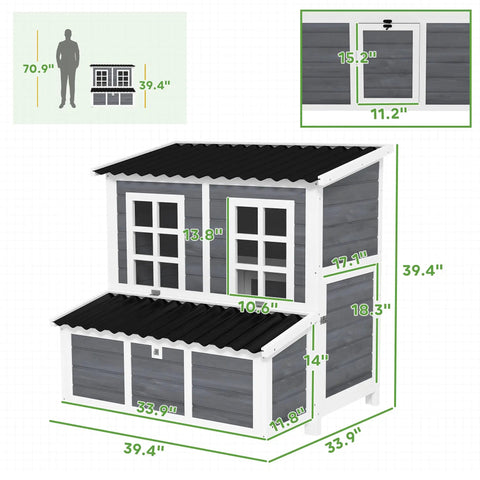 Diagram of Wooden Chicken Coop 39 Inch With Nesting Box And Pull Out Tray, Waterproof Roof, Outdoor Hen House, dimensions shown
