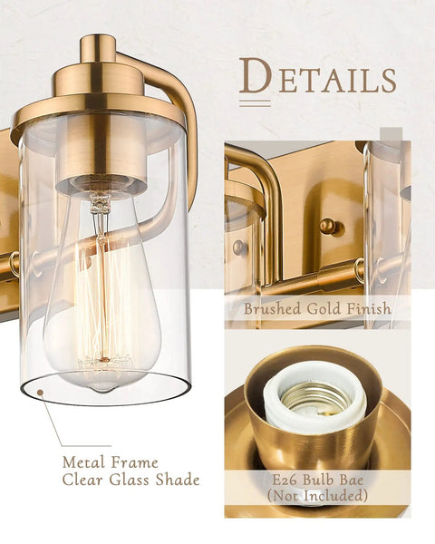 Close-up of Three Light Farmhouse Modern Wall Vanity Light in Champagne Bronze Finish with clear glass shade details